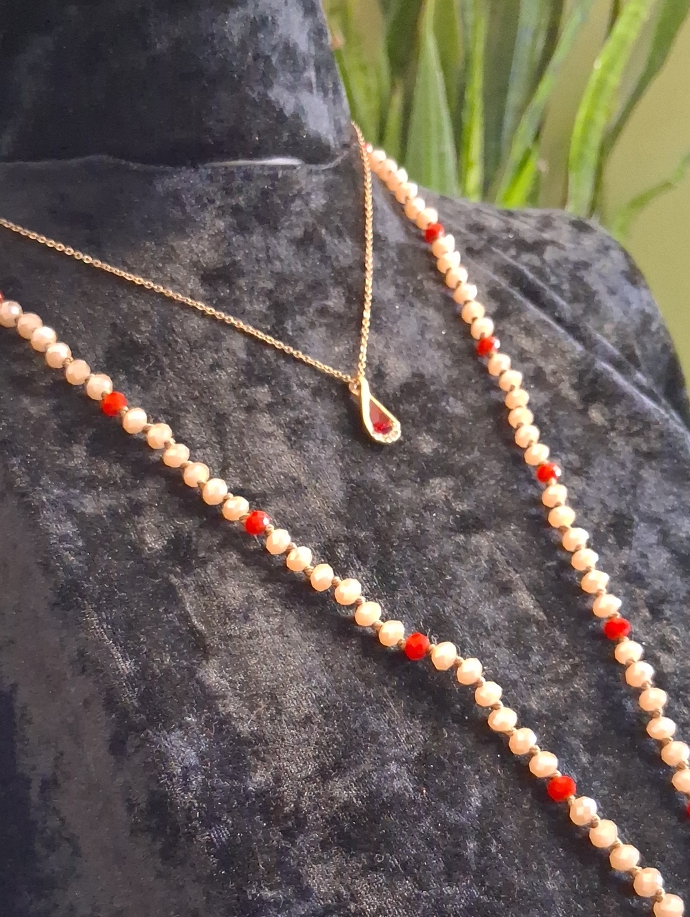 Monet Gold Teardrop Necklace with Red and Cream Opalecent Beaded Strand